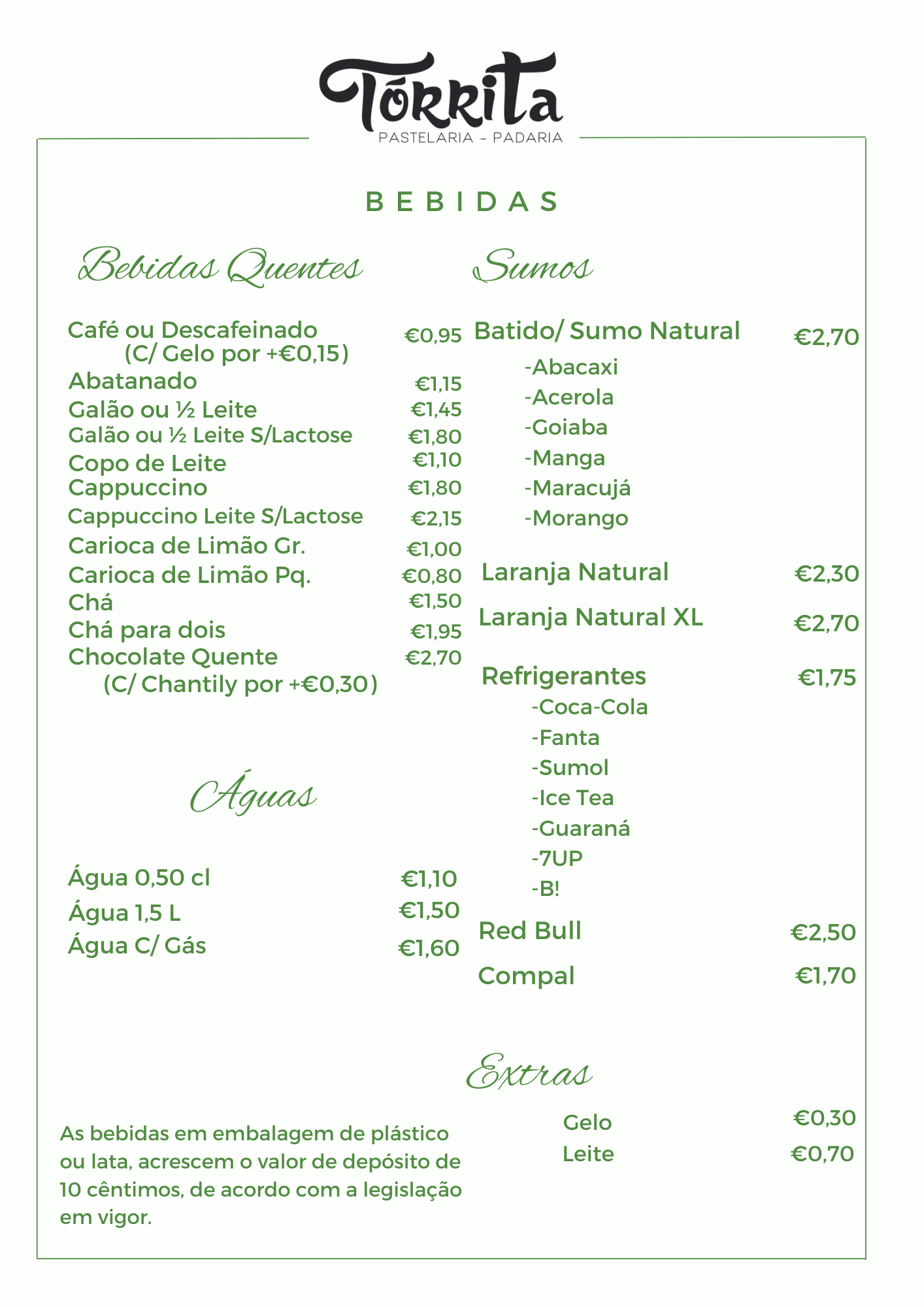 Página 1 do Menu da Pastelaria Tórrita